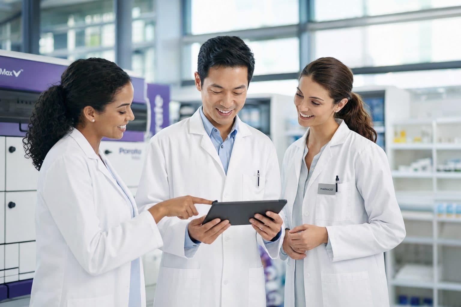Pharmacists collaborating remotely